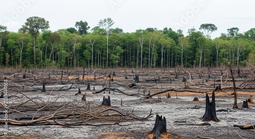 Devastated Amazon Rainforest Landscape After Deforestation and Slash and Burn Agriculture