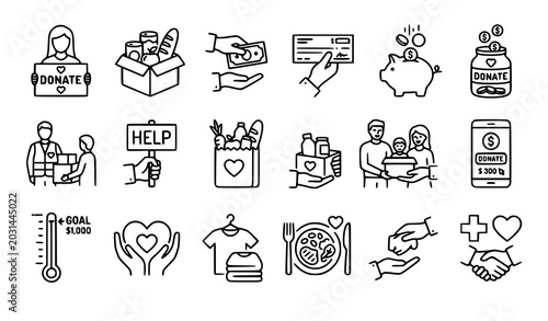 Konstfotografi Charity and donation line icon set with volunteer humanitarian and food aid symb