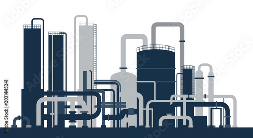 Schilderij op canvas Industrial Factory Complex with Pipes and Tanks, Modern Manufacturing Plant