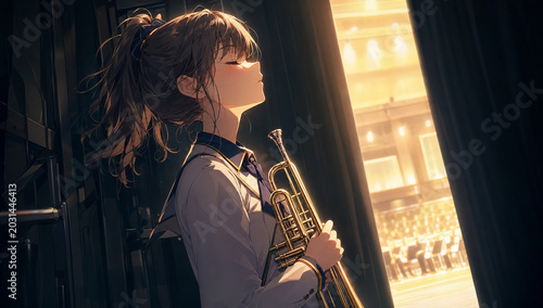 Emotional Young Trumpet Player After a Successful Performance,演奏を終え涙を流す吹奏楽部の女子生徒とトランペット