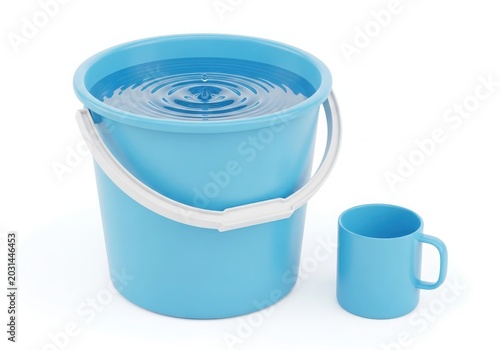 A blue bucket and matching mug on a white background