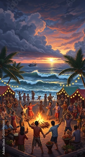 People dancing around a bonfire on a tropical beach at sunset.