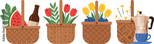 Foto Wicker Picnic Basket Vector Icon Set Featuring Flowers Fruits Coffee And Summer