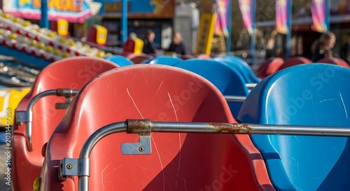 Close up of colorful amusement park ride seats in bright sunlight
