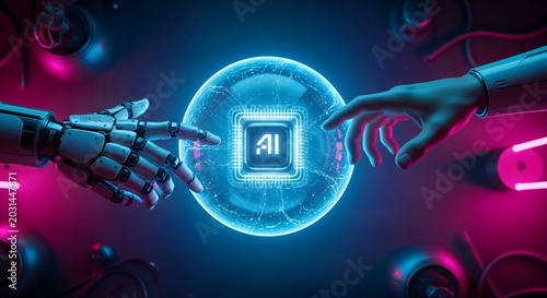 Human hand and robot arm reaching towards AI chip in glowing sphere with neon lights