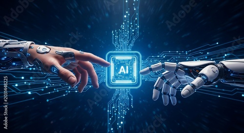 Human hand and robot hand touching glowing AI chip on circuit board background