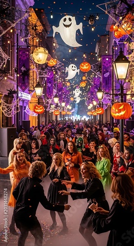 People dancing at a festive Halloween street party under glowing pumpkin lanterns and ghosts.