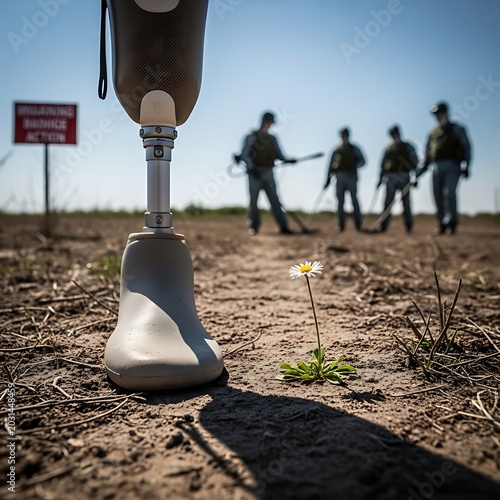Prosthetic leg standing in a field with soldiers searching for landmines in the background.