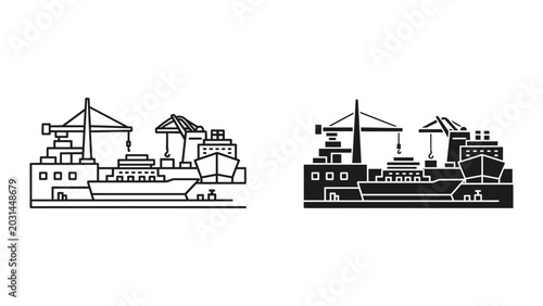 Φωτογραφία Vector illustration of cargo ship and cranes at a port facility in black and whi