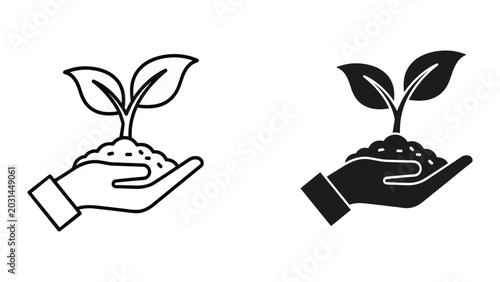 Schilderij op canvas Vector illustration of hands holding plants with soil and leaves on white backgr