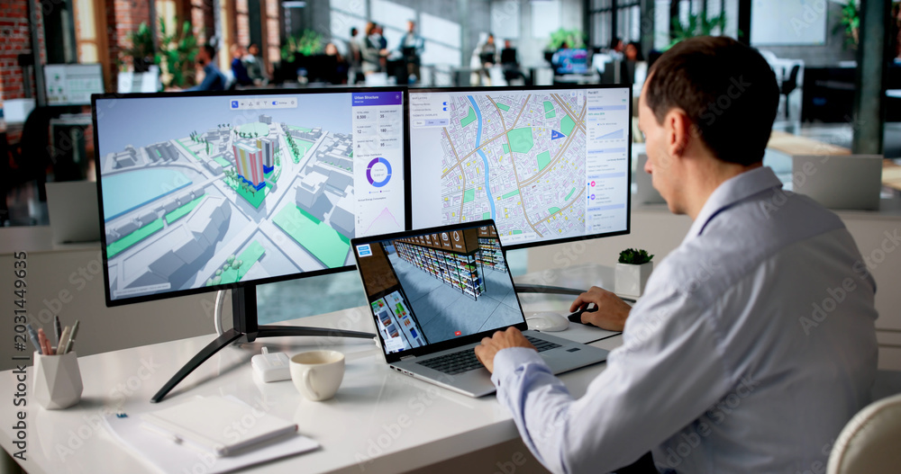 Fototapeta premium Engineer Studies Urban Property Maps On Laptop Using BIM