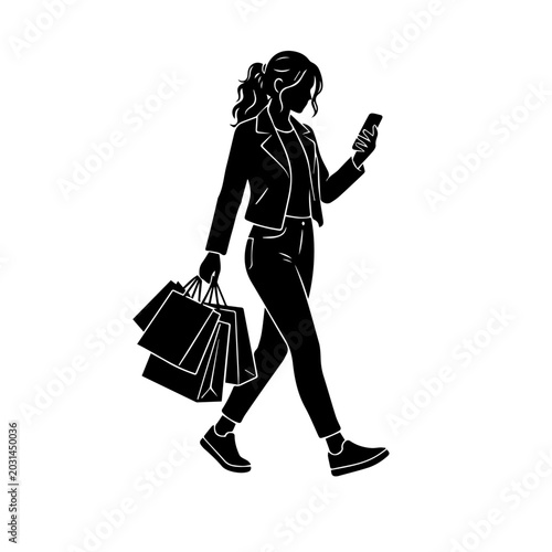 Silhouette of Woman Walking with Shopping Bags and Looking at Smartphone Vector Illustration