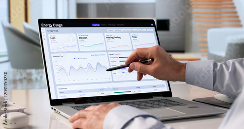 Εκτύπωση καμβά Man Reviews Real-time Energy Data On Laptop