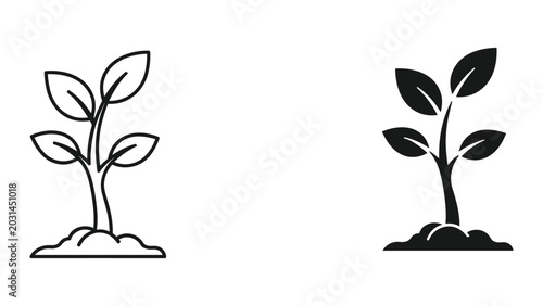 Quadro su tela Black and white illustrations of two small plants with leaves growing out of the