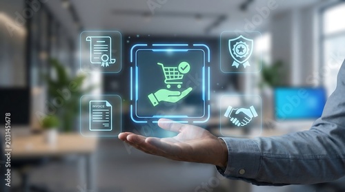 Professional hand showcasing secure online shopping and electronic invoice management system with digital icons for verified corporate transactions and business procurement services