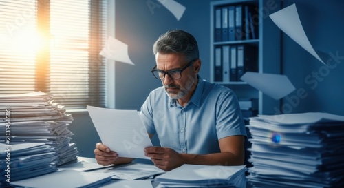 Stressed mature businessman working overtime with pile of paperwork in office late at night