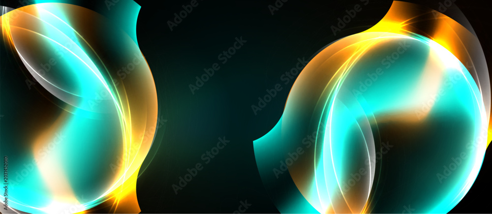 Naklejka premium Bright abstract shapes glow. Turquoise, gold colors blend, creating dynamic visual effect. Dark background emphasizes luminosity.