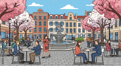 Obraz na płótnie European town square with people in cafes, cherry blossoms, and fountain, pixel
