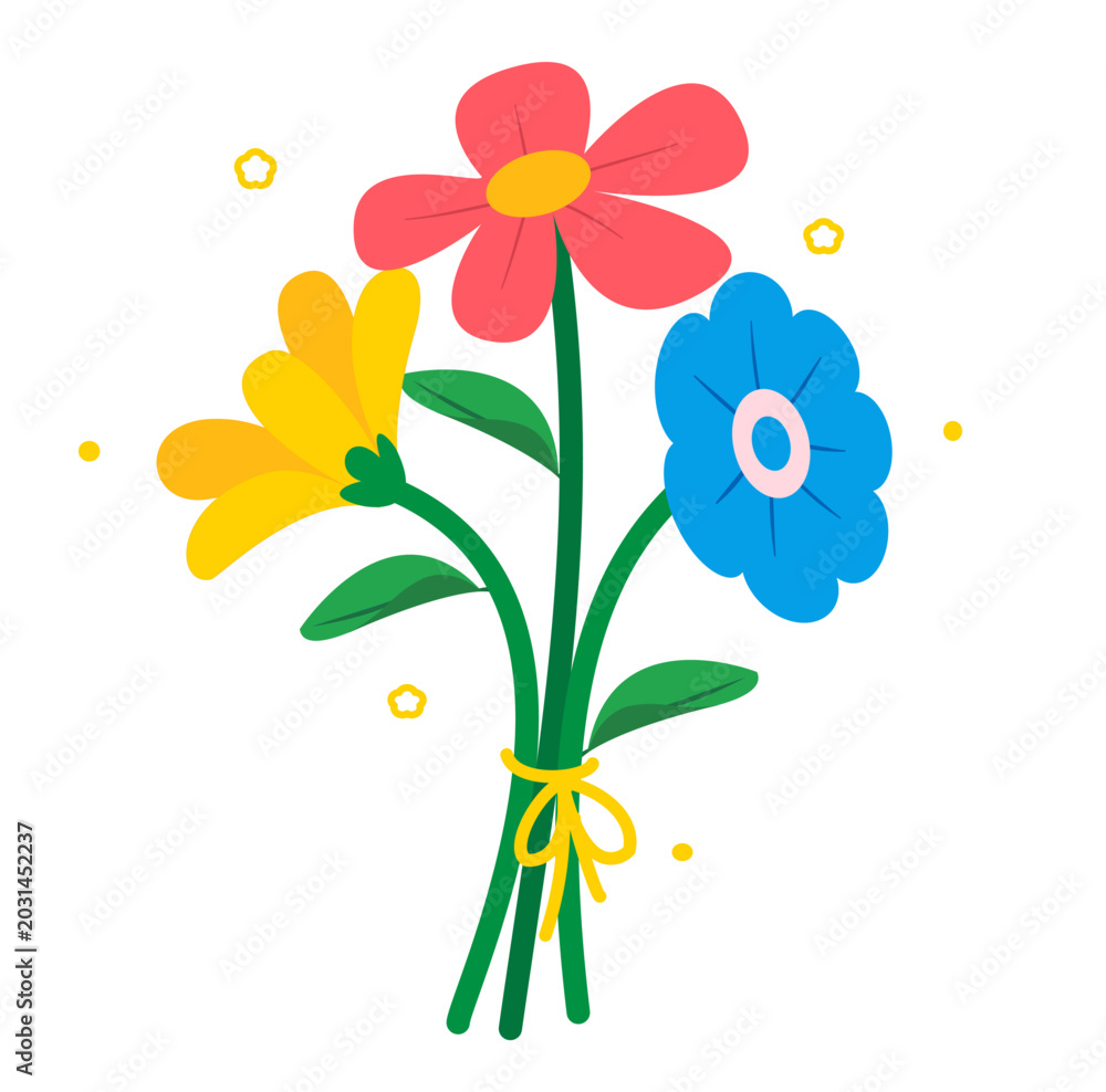 Obraz premium Bright watercolor tulip flowers illustration with green stems and yellow ribbon bow on white background