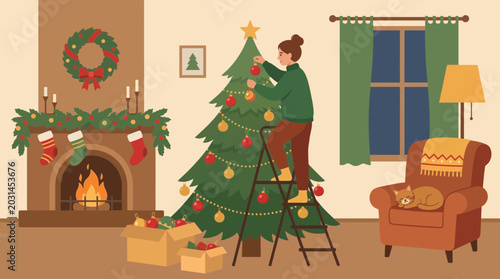 Obraz na plátně Woman decorating home with festive ornaments