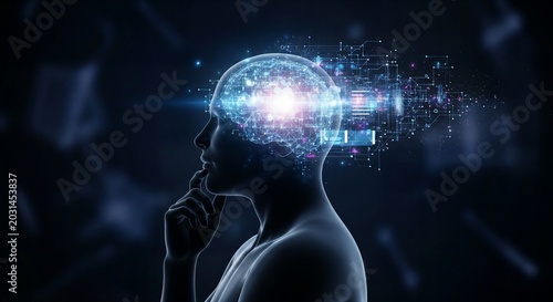 Human head silhouette with glowing brain connections and data streams representing artificial intelligence processing information