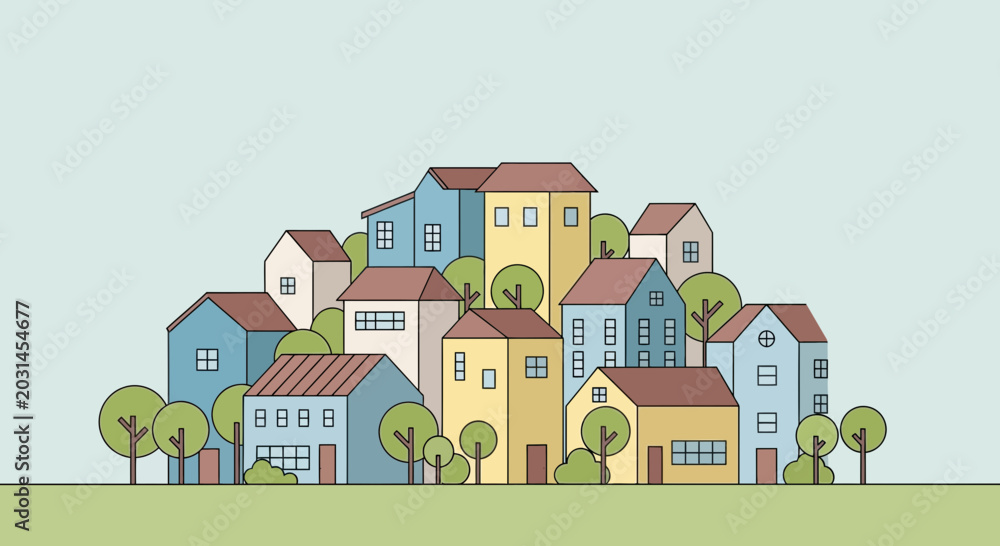 Fototapeta premium Charming Cartoon Village with Colorful Houses and Green Trees, Simple Flat Design