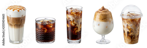 Assortment of Iced Coffee Drinks and Cold Brew Coffee on White Background