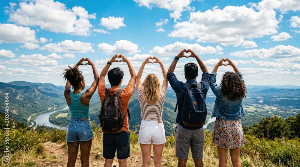 Obraz premium Diverse Friends Making Heart Shapes Together Under Blue Sky Friendship Unity Lifestyle Scene