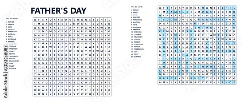 Father's Day word search puzzle with hidden words and clues. Filword   