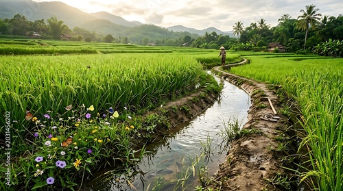 Small river flowing in the rice fields