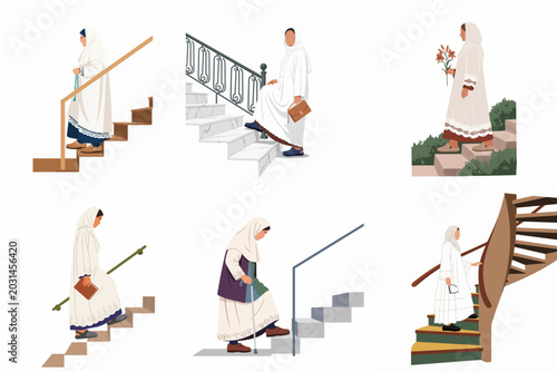 Photos Set of illustrations featuring Muslim women in modest white clothing walking up and down various staircases, representing different walks of life