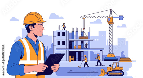 Foto Construction worker supervising building site with crane and workers