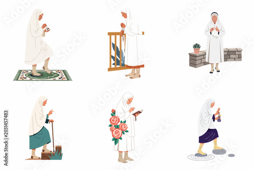 Bild auf Leinwand Vector set of an elderly Muslim woman performing various daily activities like praying, reading, walking, and checking health, in a flat illustration style