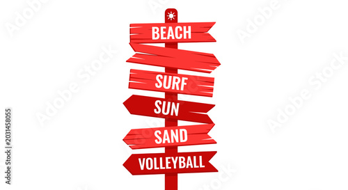 Bild auf Leinwand Red wooden directional signpost with beach, surf, sun, sand, volleyball text on