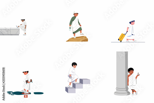 Fotografie Illustration Set of Muslim Boy Characters Performing Hajj and Umrah Rituals in I