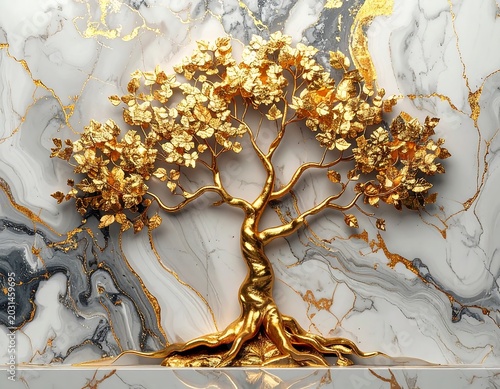 Ornate Golden Tree Sculpture Spreading Branches on White Gray Marble Background