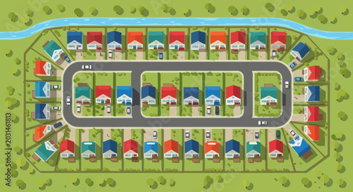Tableau sur toile Colorful suburban neighborhood aerial view, houses arranged in a cul-de-sac with a river