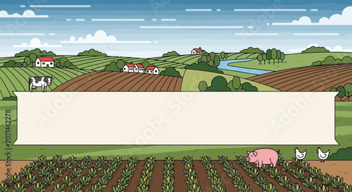 Foto Rural Landscape with Farm Animals and Copy Space Banner - Agricultural Scene