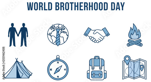 Photos A graphical banner titled WORLD BROTHERHOOD DAY with eight blue line icons repre