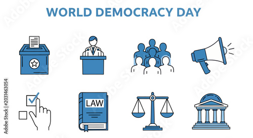 Tableau sur toile Eight blue and white icons for World Democracy Day featuring symbols of voting l