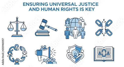 Foto Eight blue and white icons featuring themes of law global cooperation and human