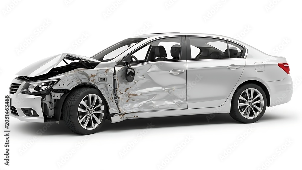 Obraz premium Silver sedan car with significant front and side collision damage isolated on white background