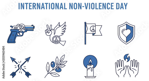 Photos Eight lineart icons depicting symbols of peace and nonviolence in blue and white