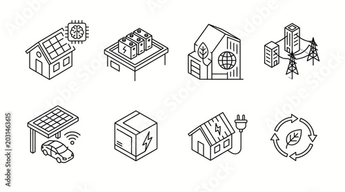 Modern Rooftop Solar Energy Line Vector Icon Set Collection