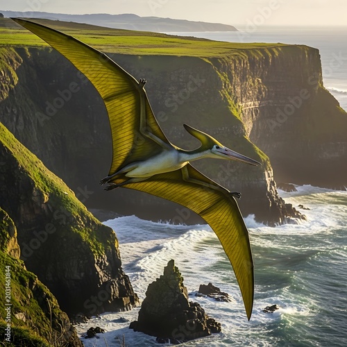 Pteranodon flying over dramatic ocean cliffs at sunset.