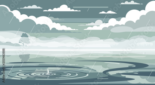 Photos Rainy day over calm water, abstract clouds, ripples, serene atmosphere, cool col