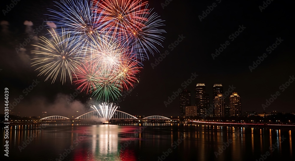 Fototapeta premium Colorful fireworks display over a bridge and water at night