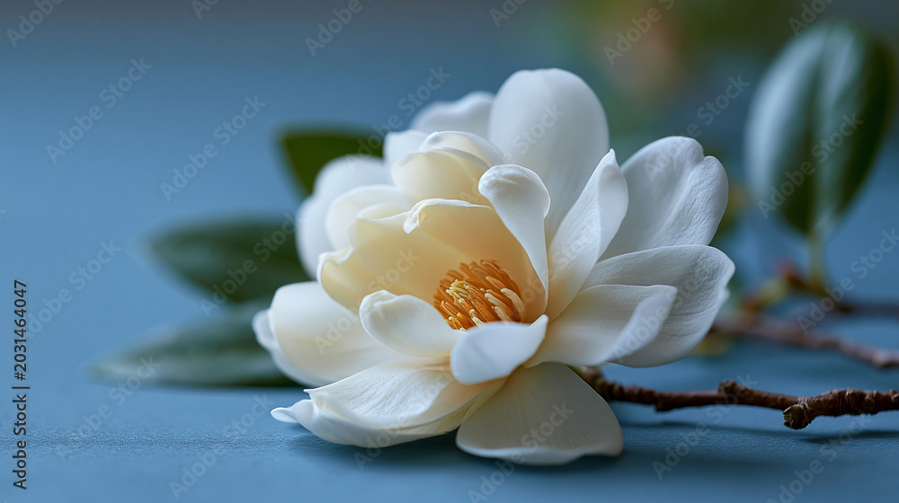 Fototapeta premium Close Up of White Magnolia Blossom with Branch and Leaves on Calm Blue Background