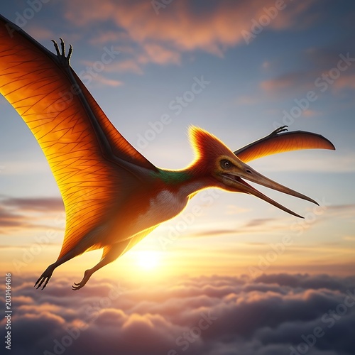 Pterodactyl flying over sunset cloudscape.