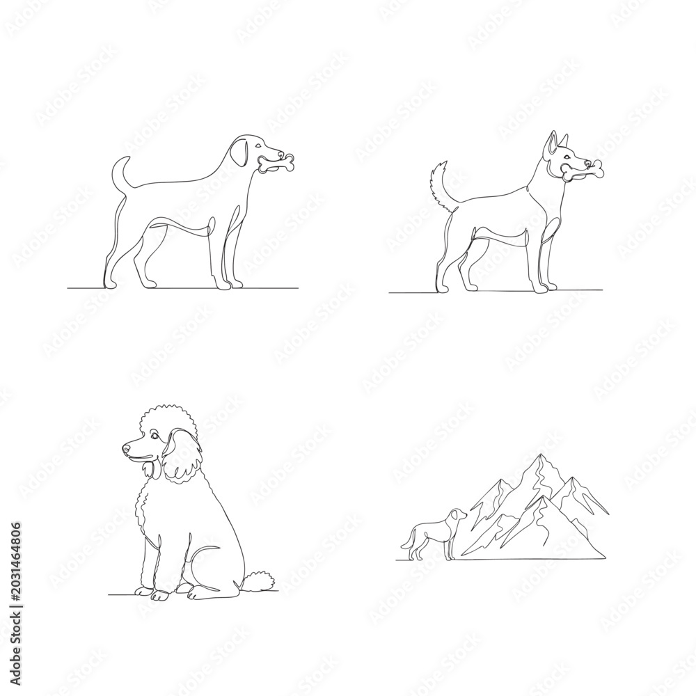 Fototapeta premium Continuous line art of dogs holding bones and sitting poodle in simple aesthetic minimalist style.